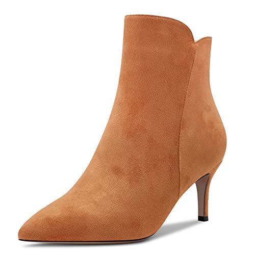 Aachcol Damen Stiefeletten Geschlossene Spitze Zehenkappe Slip-on Stiletto Mittlerem Absatz Heel Wildleder Reißverschluss Braun 6 CM 38 EU von Aachcol