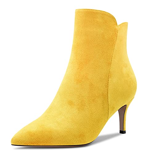 Aachcol Damen Stiefeletten Geschlossene Spitze Zehenkappe Slip-on Stiletto Mittlerem Absatz Heel Wildleder Reißverschluss Gelb 6 CM 37 EU von Aachcol