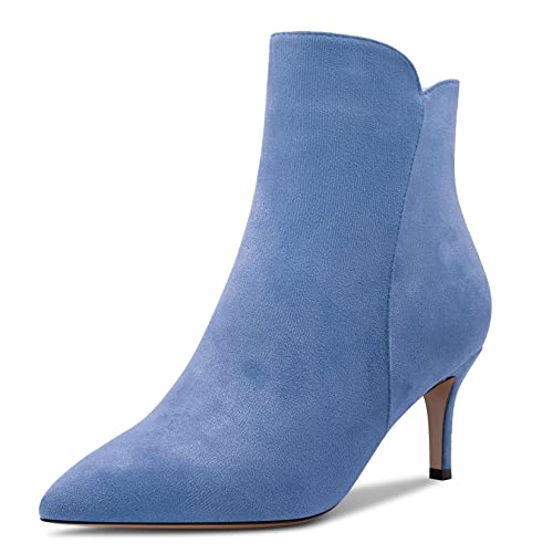 Aachcol Damen Stiefeletten Geschlossene Spitze Zehenkappe Slip-on Stiletto Mittlerem Absatz Heel Wildleder Reißverschluss Hellblau 6 CM 39 EU von Aachcol