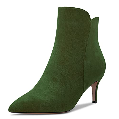 Aachcol Damen Stiefeletten Geschlossene Spitze Zehenkappe Slip-on Stiletto Mittlerem Absatz Heel Wildleder Reißverschluss Olive Grün 6 CM 38 EU von Aachcol