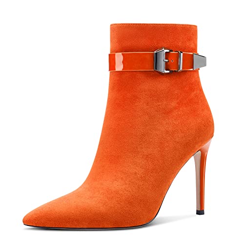 Aachcol Damen Stiefeletten Geschlossene Spitze Zehenkappe Stiletto Hoher High Absatz Heel Dress Schuhe Wildleder Schnalle Orange 10 CM 36 EU von Aachcol