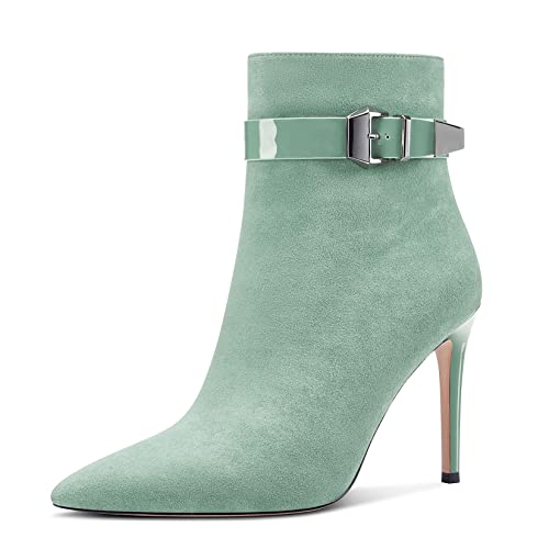 Aachcol Damen Stiefeletten Geschlossene Spitze Zehenkappe Stiletto Hoher High Absatz Heel Dress Schuhe Wildleder Schnalle Türkis Grün 10 CM 44 EU von Aachcol