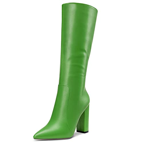Aachcol Damen Stiefeletten Mid Calf Geschlossene Spitze Zehenkappe Chunky Blockabsatz Hoher High Absatz Heel Dress Schuhe Matt Reißverschluss Sexy Grün d 10 CM 39 EU von Aachcol
