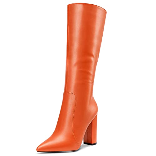 Aachcol Damen Stiefeletten Mid Calf Geschlossene Spitze Zehenkappe Chunky Blockabsatz Hoher High Absatz Heel Dress Schuhe Matt Reißverschluss Sexy Orange c 10 CM 42 EU von Aachcol