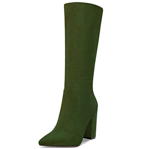 Aachcol Damen Stiefeletten Mid Calf Geschlossene Spitze Zehenkappe Chunky Blockabsatz Hoher High Absatz Heel Dress Schuhe Wildleder Reißverschluss Sexy Olive Grün 10 CM 38 EU von Aachcol
