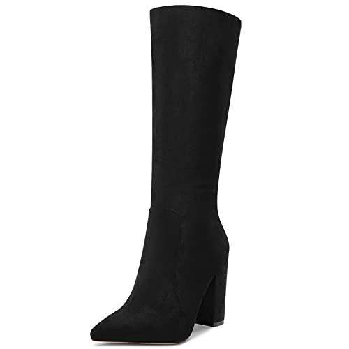 Aachcol Damen Stiefeletten Mid Calf Geschlossene Spitze Zehenkappe Chunky Blockabsatz Hoher High Absatz Heel Dress Schuhe Wildleder Reißverschluss Sexy Schwarz 10 CM 44 EU von Aachcol