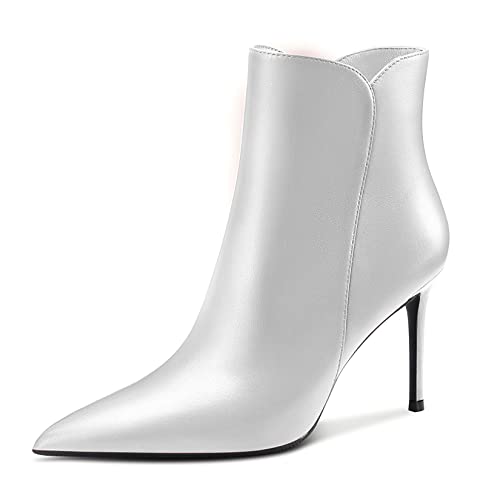 Aachcol Damen Stiefeletten Stiletto Hoher High Absatz Heel Geschlossene Spitze Zehenkappe Reißverschluss Matt Weiß 8 CM 37 EU von Aachcol