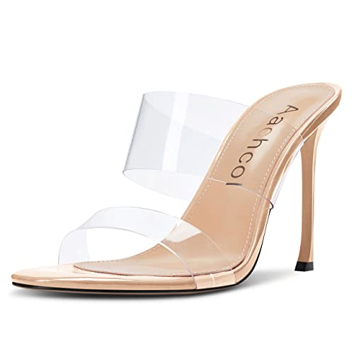 Aachcol Damen Stiletto Hoher High Absatz Heel Clear Sandalen Peep Open Zehenkappe Slip-on Dress Schuhe Party Hochzeit Lackleder Beige 10 CM 36 EU von Aachcol