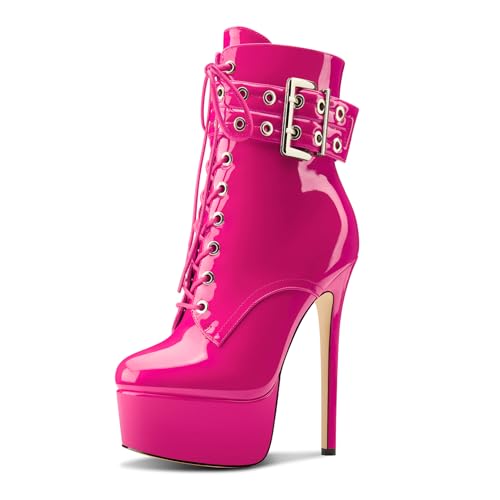 Aachcol Damen Stiletto Hoher High Absatz Heel Plateau Plattform Stiefeletten Schnüren Schnürung Reißverschluss Mid Calf Schnalle Dress Stiefel Magenta 44 EU von Aachcol