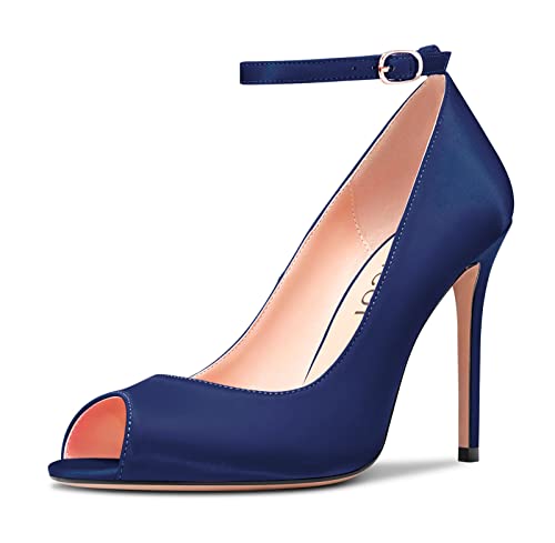 Aachcol Damen Stiletto Hoher High Absatz Heel Pumps Knöchelriemen Peep Open Zehenkappe Dress Schuhe Party Hochzeit Satin Marineblau 10 cm 43 EU von Aachcol