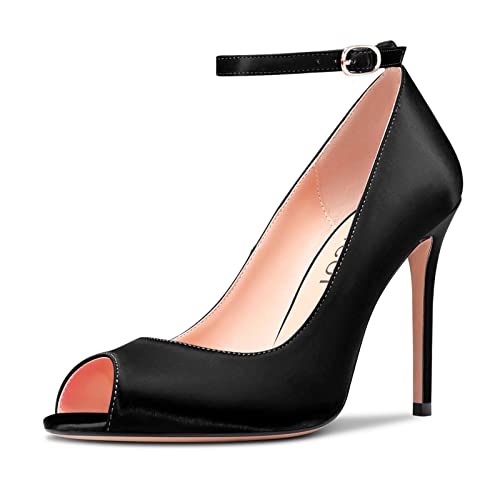 Aachcol Damen Stiletto Hoher High Absatz Heel Pumps Knöchelriemen Peep Open Zehenkappe Dress Schuhe Party Hochzeit Satin Schwarz 10 cm 38 EU von Aachcol