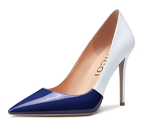 Aachcol Damen Stiletto Hoher High Absatz Heel Pumps Spitze Zehenkappe Slip-on Büroschuhe Dress Schuhe Klassisch 10 cm Blau Lackleder 38 EU von Aachcol