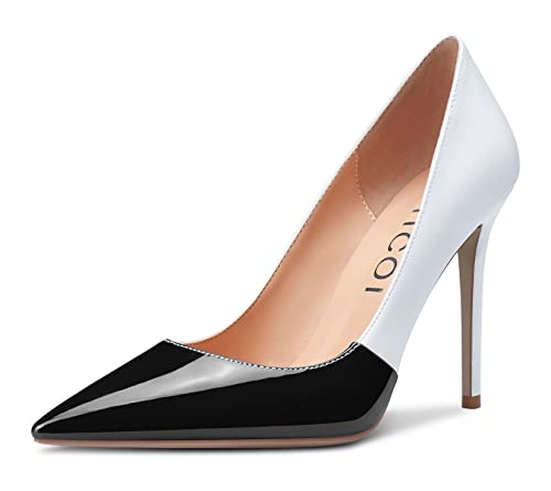 Aachcol Damen Stiletto Hoher High Absatz Heel Pumps Spitze Zehenkappe Slip-on Büroschuhe Dress Schuhe Klassisch 10 cm Schwarz Lackleder 45 EU von Aachcol