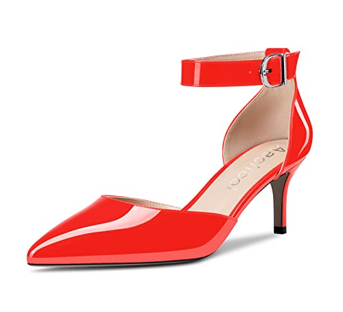 Aachcol Damen Stiletto Mittlerem Absatz Heel Knöchelriemen Pumps Spitze Zehenkappe Sandalen Dress Schuhe Party Büroschuhe Hochzeit Rot Lackleder 6.5 cm 39 EU von Aachcol