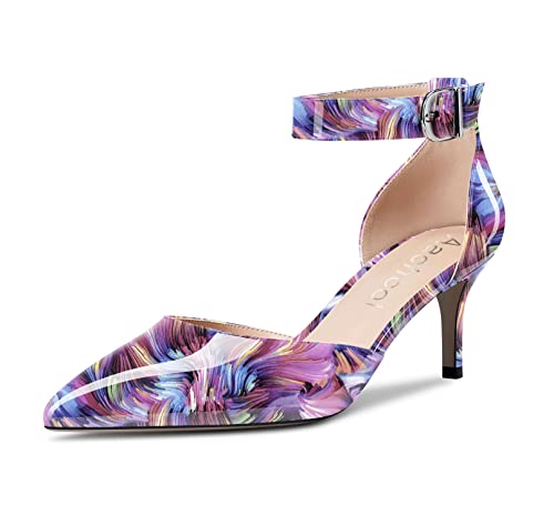 Aachcol Damen Stiletto Mittlerem Absatz Heel Knöchelriemen Pumps Spitze Zehenkappe Sandalen Dress Schuhe Party Büroschuhe Hochzeit Violett Mehrfarbig 6.5 cm 39 EU von Aachcol