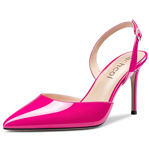 Aachcol Damen Stiletto Mittlerem Hoher High Absatz Heel Pumps Rückengurt Knöchelriemen Slingback Spitze Zehenkappe Dress Schuhe Büroschuhe Party Hochzeit Lackleder Magenta Rot 8 cm 43 EU von Aachcol