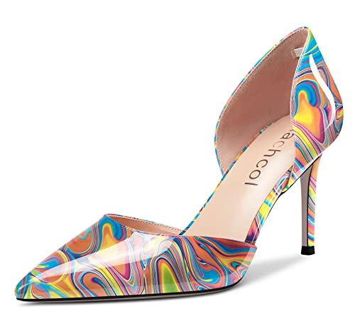Aachcol Damen Stiletto Mittlerem Hoher High Absatz Heel Pumps Slip-on Two-Piece Spitze Zehenkappe Dress Schuhe Büroschuhe Party Hochzeit Lackleder Regenbogen Mehrfarbig 8 cm 38 EU von Aachcol