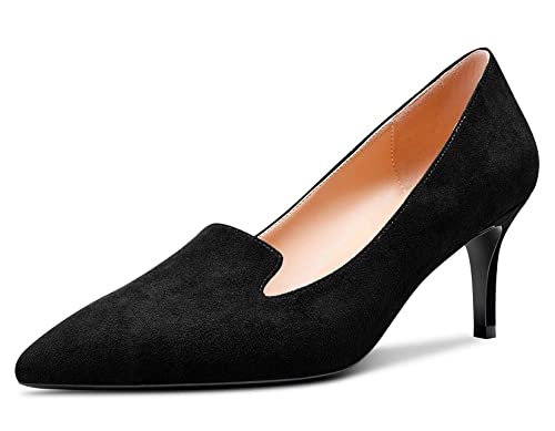 Aachcol Damen Stiletto Mittlerem Niedrige Absatz Heel Pumps Slip-on Spitze Zehenkappe Dress Schuhe Büroschuhe Party Hochzeit Wildleder Schwarz 6 cm 39 EU von Aachcol