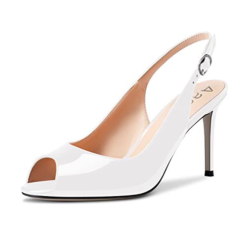 Aachcol Damen Stiletto Peep Open Zehenkappe Pumps Chunky Blockabsatz Mittlerem Hoher High Absatz Heel Slingback Knöchelriemen Sandalen Dress Schuhe Party Weiß Lackleder 8.5 cm 40 EU von Aachcol
