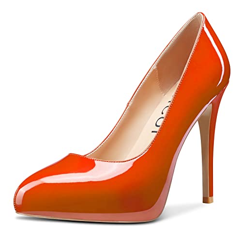 Aachcol Damen Stiletto Pumps Geschlossene Runde Zehenkappe Hoher High Absatz Heel Slip-on Büroschuhe Hochzeit Party Dress Schuhe Klassisch 12 cm Orange Lackleder 39 EU von Aachcol