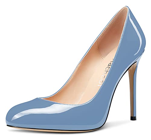 Aachcol Damen Stiletto Pumps Geschlossene Runde Zehenkappe Hoher High Absatz Heel Slip-on Schuhe Hochzeit Büroschuhe Klassisch 10 cm Hellblau Lackleder 38 EU von Aachcol