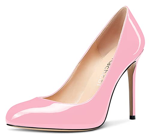 Aachcol Damen Stiletto Pumps Geschlossene Runde Zehenkappe Hoher High Absatz Heel Slip-on Schuhe Hochzeit Büroschuhe Klassisch 10 cm Rosa Lackleder 39 EU von Aachcol