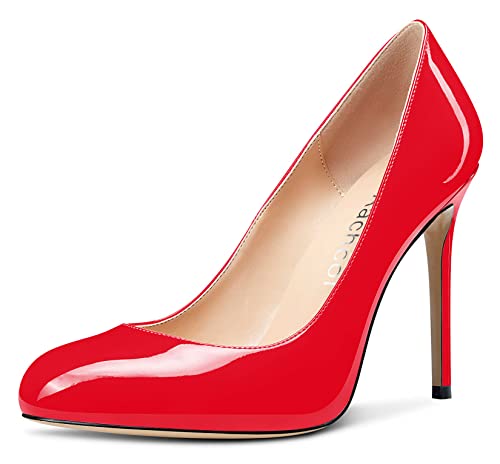 Aachcol Damen Stiletto Pumps Geschlossene Runde Zehenkappe Hoher High Absatz Heel Slip-on Schuhe Hochzeit Büroschuhe Klassisch 10 cm Rot Lackleder 38 EU von Aachcol
