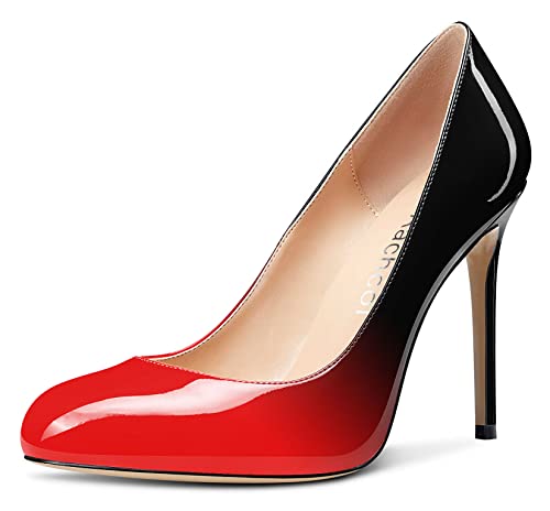 Aachcol Damen Stiletto Pumps Geschlossene Runde Zehenkappe Hoher High Absatz Heel Slip-on Schuhe Hochzeit Büroschuhe Klassisch 10 cm Rot Schwarz Lackleder 38 EU von Aachcol