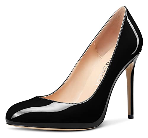 Aachcol Damen Stiletto Pumps Geschlossene Runde Zehenkappe Hoher High Absatz Heel Slip-on Schuhe Hochzeit Büroschuhe Klassisch 10 cm Schwarz Lackleder 42 EU von Aachcol