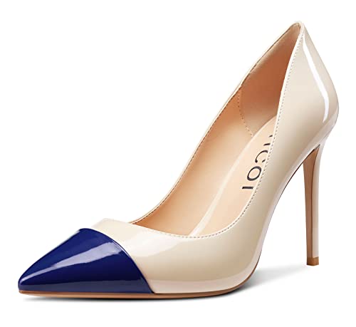 Aachcol Damen Stiletto Pumps Hoher High Absatz Heel Geschlossene Spitze Zehenkappe Slip-on Dress Schuhe Büroschuhe Klassisch 10 cm Navy Blau Beige Lackleder 39 EU von Aachcol