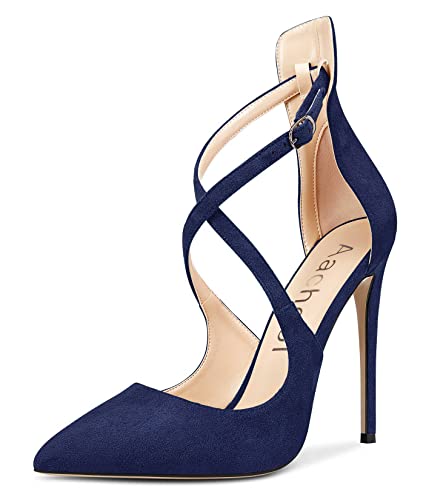 Aachcol Damen Stiletto Pumps Hoher High Absatz Heel Spitze Zehenkappe Sandalen Knöchelriemen Hochzeit Party Sexy Dress Schuhe 12 cm Navy Blau Wildleder 41 EU von Aachcol