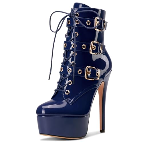 Aachcol Damen Stiletto Stiefel Plateau Plattform Schnüren Schnürung Stiefeletten Hoher Absatz Reißverschluss Schnalle Abschlussball Schuhe 15 CM Heels Marineblau 36 EU von Aachcol
