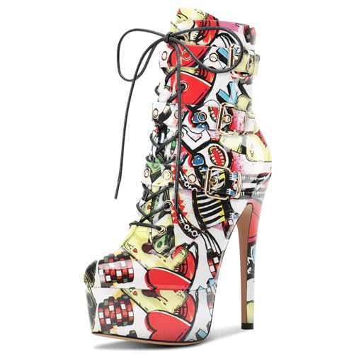 Aachcol Damen Stiletto Stiefel Plateau Plattform Schnüren Schnürung Stiefeletten Hoher Absatz Reißverschluss Schnalle Abschlussball Schuhe 15 CM Heels Poker-Muster 39 EU von Aachcol