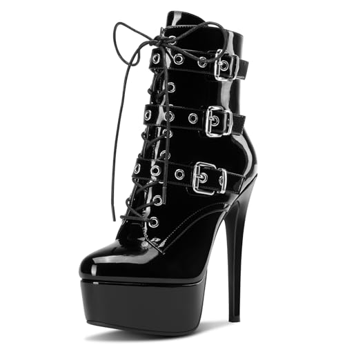 Aachcol Damen Stiletto Stiefel Plateau Plattform Schnüren Schnürung Stiefeletten Hoher Absatz Reißverschluss Schnalle Abschlussball Schuhe 15 CM Heels Schwarz 41 EU von Aachcol