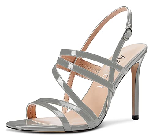 Aachcol Damen Strapy Römersandalen Peep Open Zehenkappe Stiletto Hoher High Absatz Heel Slingback Knöchelriemen 10 CM Grau Lackleder 40 EU von Aachcol