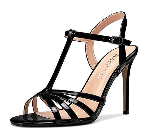 Aachcol Damen T-strap Sandalen Stiletto Hoher High Absatz Heel Peep Open Zehenkappe Slingback Knöchelriemen Schuhe 10 CM Schwarz Lackleder 38 EU von Aachcol