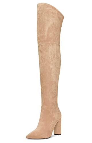 Aachcol Damen Überknie Stiefel Chunky Blockabsatz Hoher High Absatz Heel Spitze Zehenkappe Reißverschluss 10 CM Beige Wildleder 39 EU Aachcol Damen Überknie Stiefel Chunky Blockabsatz Hoher High Absatz Heel Spitze Zehenkappe Reißverschluss 10 CM Beige Wildleder 39 EU von Aachcol