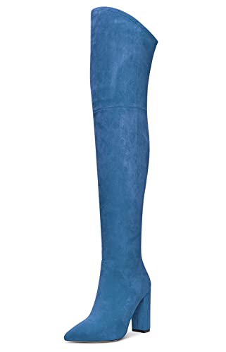 Aachcol Damen Überknie Stiefel Chunky Blockabsatz Hoher High Absatz Heel Spitze Zehenkappe Reißverschluss 10 CM Blau Wildleder 36 EU von Aachcol