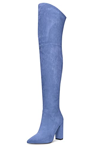Aachcol Damen Überknie Stiefel Chunky Blockabsatz Hoher High Absatz Heel Spitze Zehenkappe Reißverschluss 10 CM Hellblau Wildleder 39 EU von Aachcol