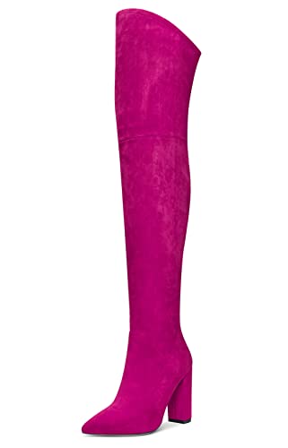 Aachcol Damen Überknie Stiefel Chunky Blockabsatz Hoher High Absatz Heel Spitze Zehenkappe Reißverschluss 10 CM Magenta Rot Wildleder 44 EU von Aachcol