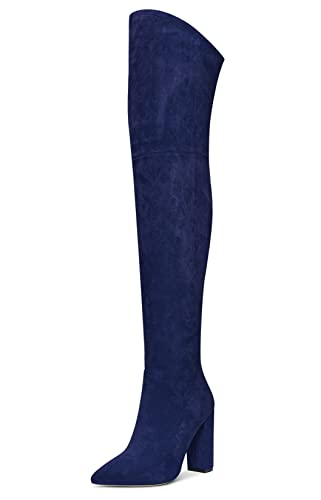 Aachcol Damen Überknie Stiefel Chunky Blockabsatz Hoher High Absatz Heel Spitze Zehenkappe Reißverschluss 10 CM Navy Blau Wildleder 42 EU von Aachcol