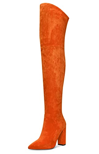 Aachcol Damen Überknie Stiefel Chunky Blockabsatz Hoher High Absatz Heel Spitze Zehenkappe Reißverschluss 10 CM Orange Wildleder 39 EU von Aachcol