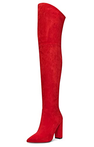 Aachcol Damen Überknie Stiefel Chunky Blockabsatz Hoher High Absatz Heel Spitze Zehenkappe Reißverschluss 10 CM Rot Wildleder 35 EU von Aachcol