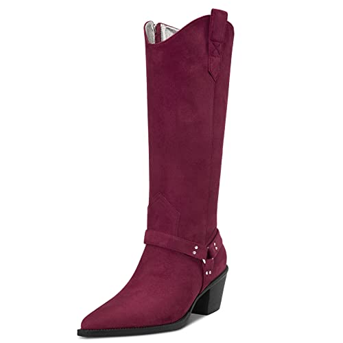 Aachcol Damen Western Cowboy Stiefel Mid Calf Pull-Up Spitze Zehenkappe Chunky Blockabsatz Mittlerem Absatz Heel Dress Schuhe Wildleder Reißverschluss Burgundisch Rot 6.5 CM 39 EU von Aachcol