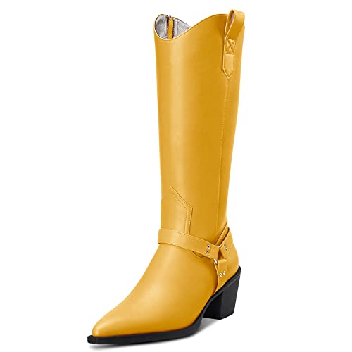 Aachcol Damen Western Cowboy Stiefel Mid Calf Pull-Up Spitze Zehenkappe Chunky Blockabsatz Mittlerem Absatz Heel Dress Schuhe Wildleder Reißverschluss Einkaufen Gelb c 6.5 CM 37 EU von Aachcol