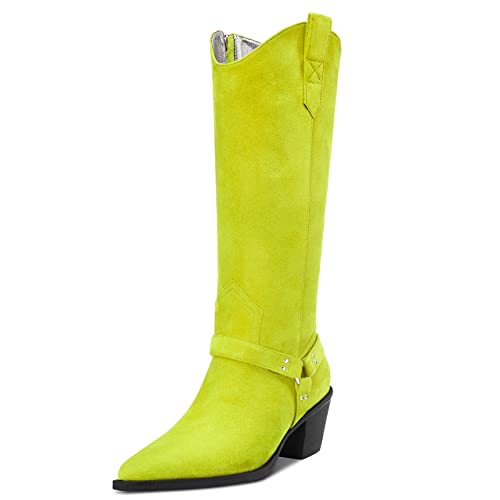 Aachcol Damen Western Cowboy Stiefel Mid Calf Pull-Up Spitze Zehenkappe Chunky Blockabsatz Mittlerem Absatz Heel Dress Schuhe Wildleder Reißverschluss Limonengrün 6.5 CM 40 EU von Aachcol