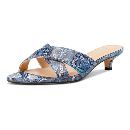 Aachcol Open Zehenkappe Niedrige Absatz Heel Pantoletten Schuhe Kreuzriemen Rückenfrei Slip-on Kitten Absatz Heel Sandalen Blau Mehrfarbig 36 EU von Aachcol