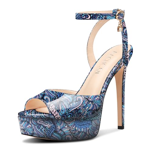 Aachcol Plateau Plattform Hoher High Absatz Heel Sandalen Peep Open Zehenkappe Stiletto Absatz Heels Knöchelriemen Slingback Dress Schuhe 13 CM Heels Blau Mehrfarbig 37 EU von Aachcol