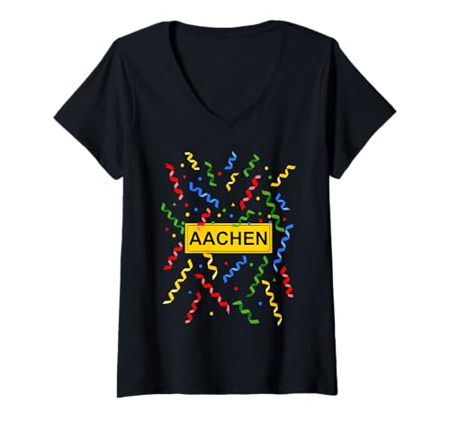 Damen Aachen Karneval Kostüm Aachener Konfetti Luftschlangen T-Shirt mit V-Ausschnitt von Aachener Karneval Kostüm bunt Aachen Ortsschild