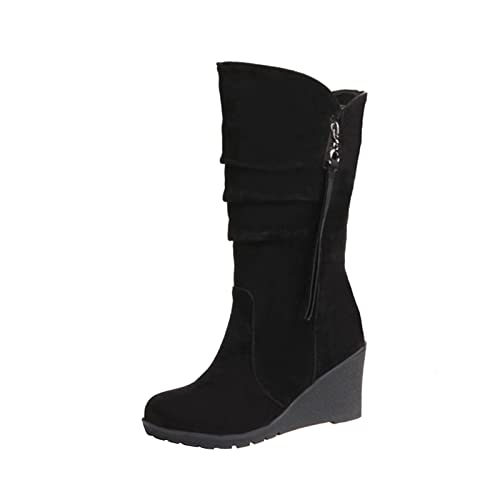 Aahkloijw Damen Mittelstiefel Keilstiefel Overknee-Stiefel Hohem Absatz Lederstiefel High Heels Freizeitstiefel Motorradstiefel Schlupfstiefel Herbst Winter rutschfeste Boots von Aahkloijw